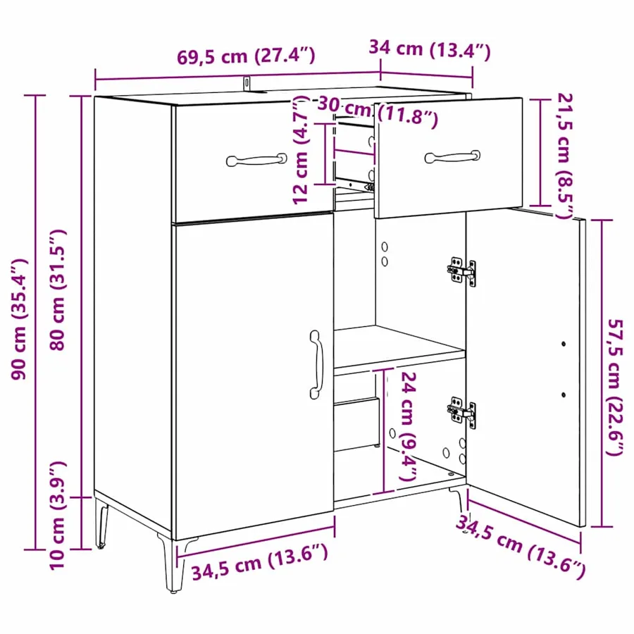 Buffet Chêne noir 69,5 x 34 x 90 cm Bois d'ingénierie - 13