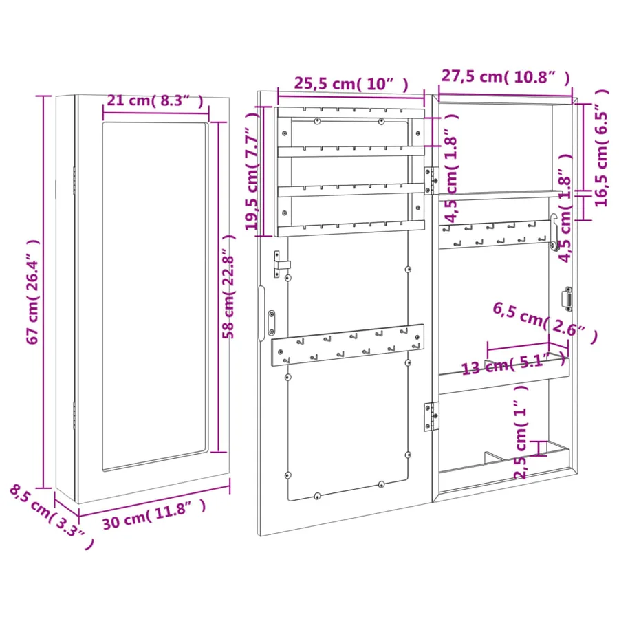Armoire à bijoux avec miroir murale 30 x 8,5 x 67 cm - 11