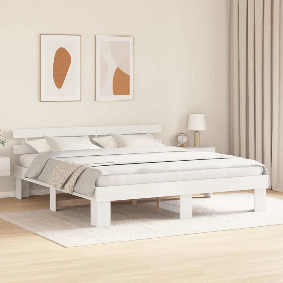 Cadre de lit avec tête de lit Blanc 200 x 200 cm Pin massif - 3
