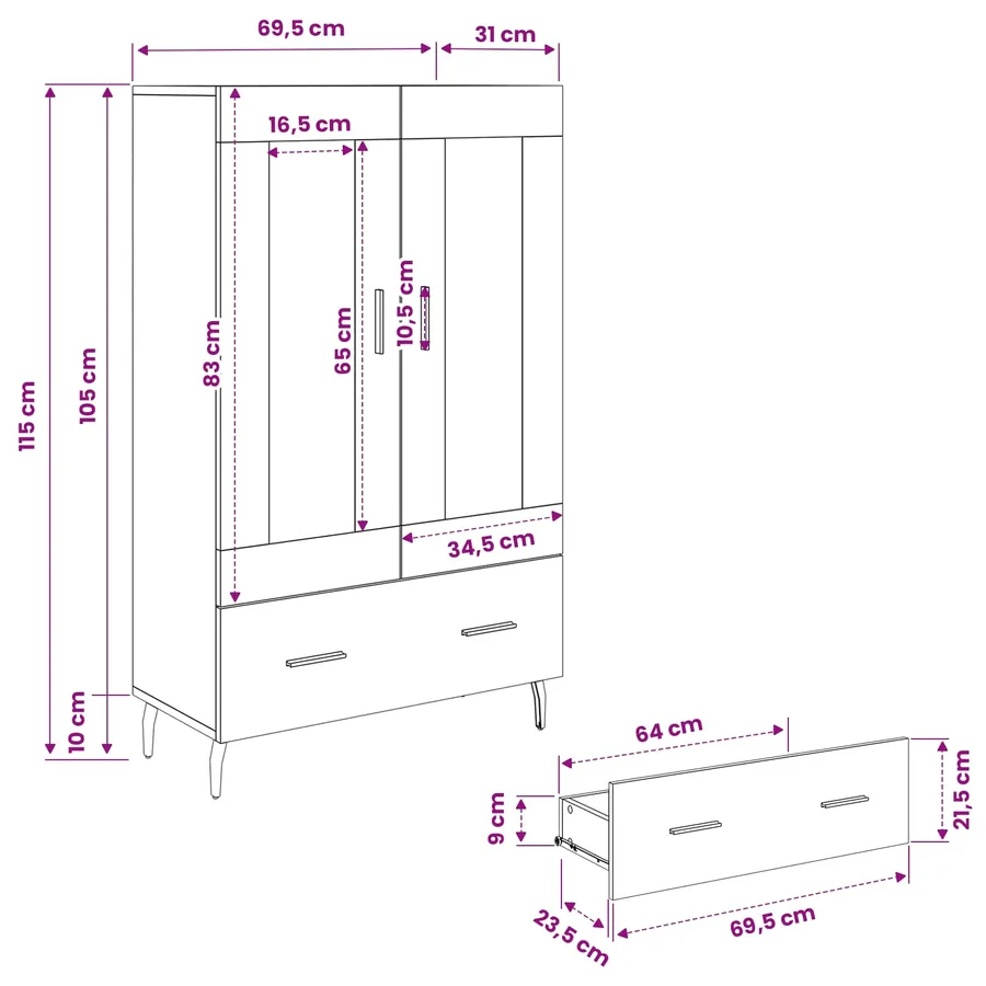 Haut Armoire Chêne artisanal 69,5 x 31 x 115 cm - 12
