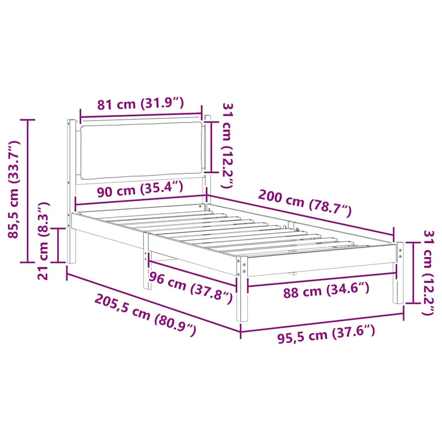 Cadre de lit avec tête de lit Gris clair 90 x 200 cm Pin massif - 11