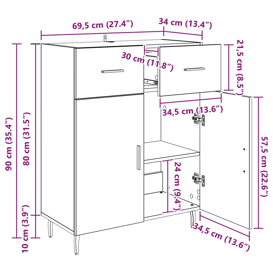 Buffet Chêne noir 69,5 x 34 x 90 cm Bois d'ingénierie - 12