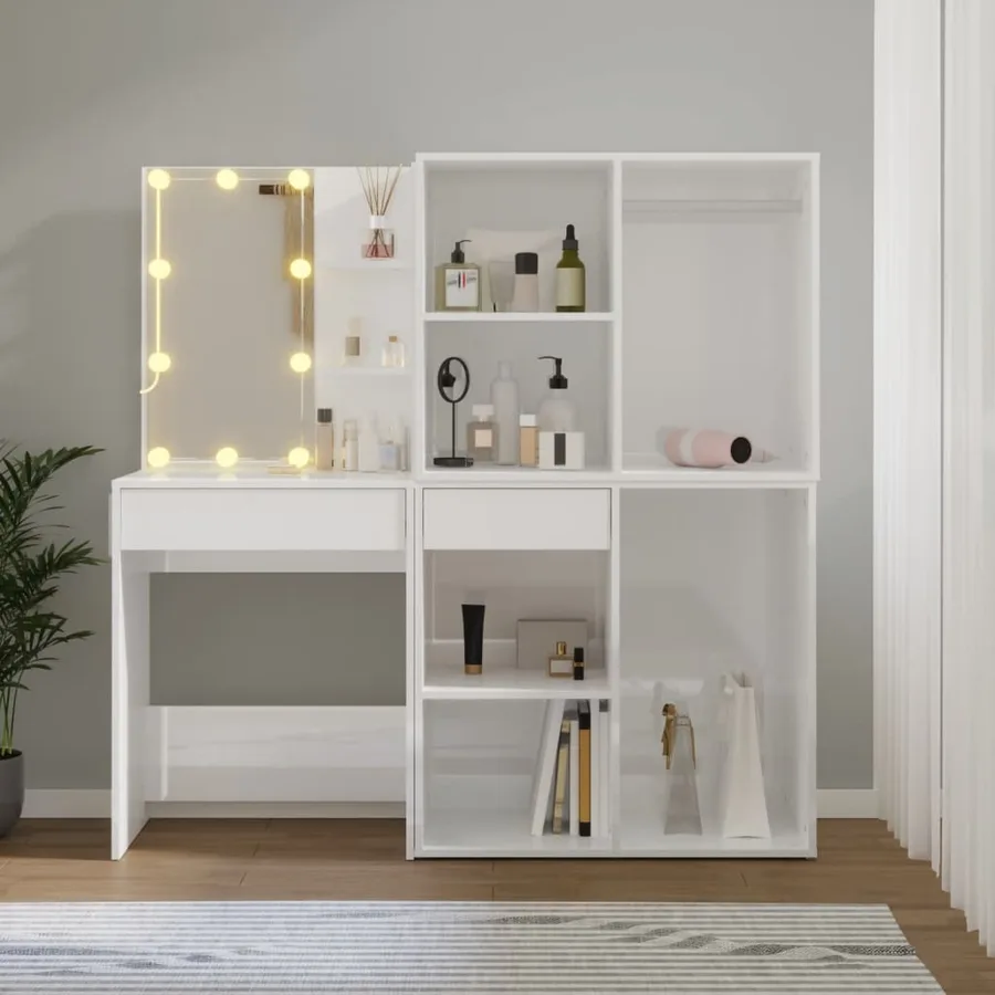 Coiffeuse à LED et 2 armoires Blanc brillant Bois d'ingénierie - 4