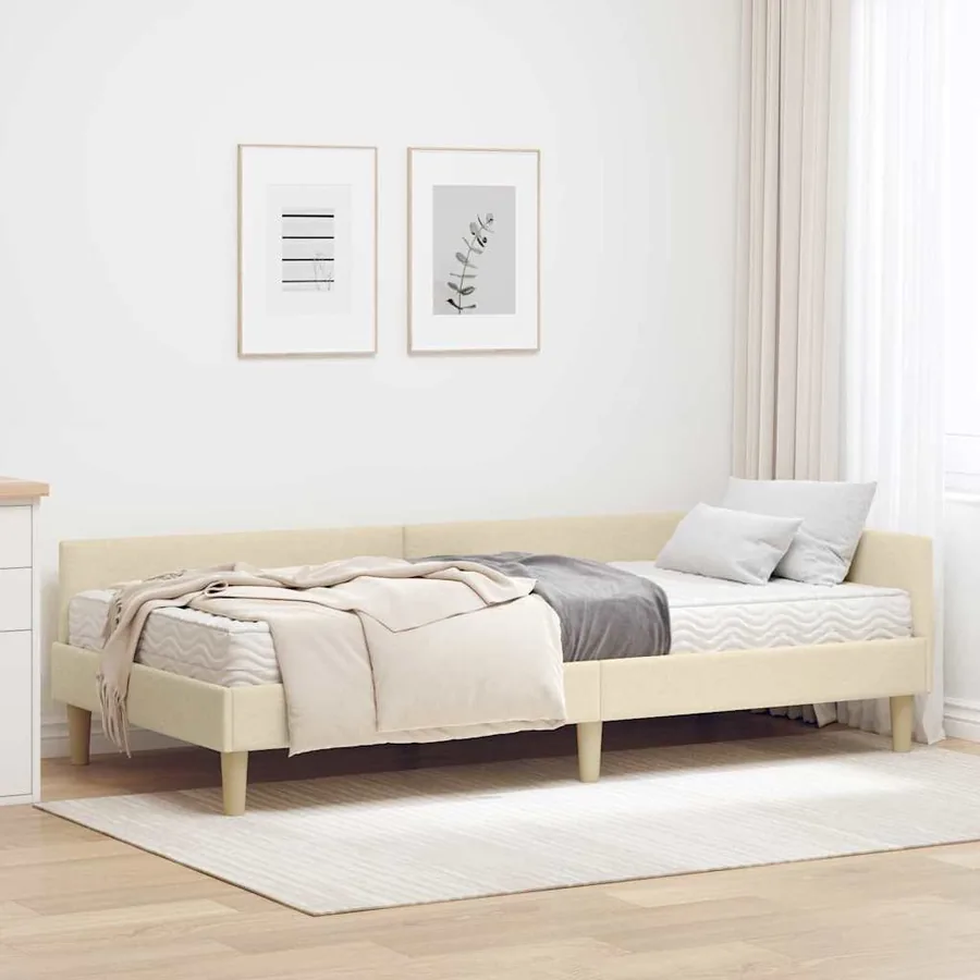 Cadre de lit d'angle avec matelas 2 pcs Crème tissu