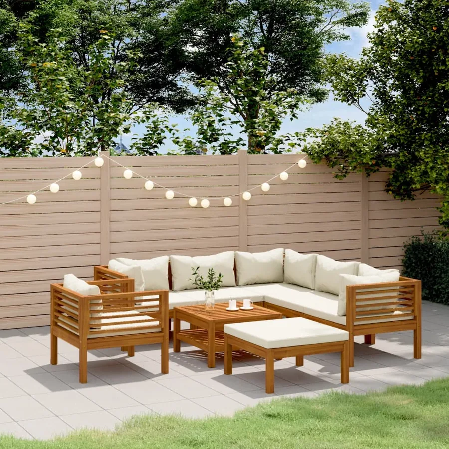 Salon de jardin 8 pcs avec coussin crème Bois d'acacia solide