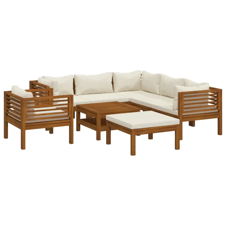 Salon de jardin 8 pcs avec coussin crème Bois d'acacia solide - 2