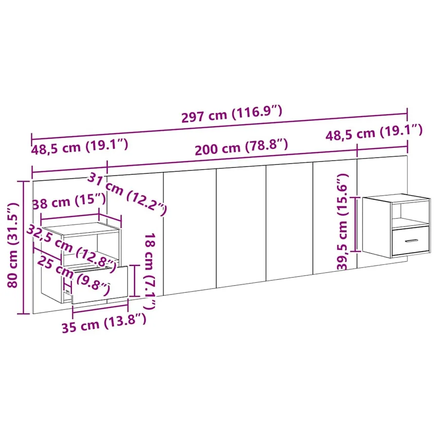 Tête de lit avec armoire 3 pcs Bois Ancien Bois d'ingénierie - 15