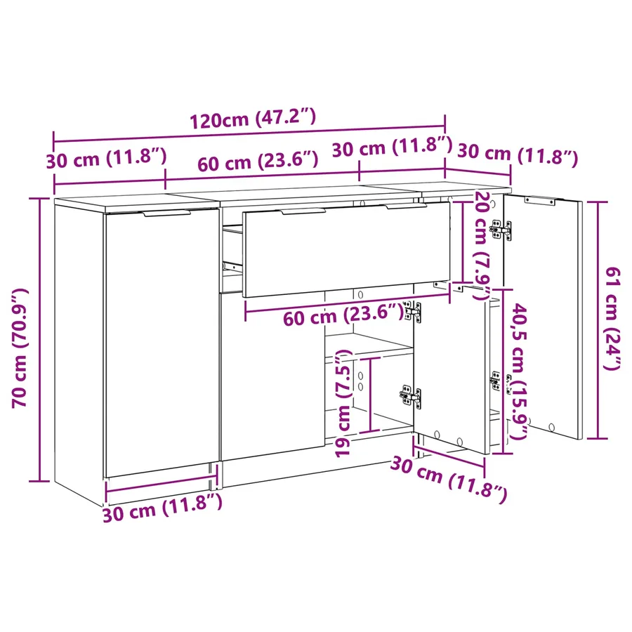 Buffet 3 pcs Chêne artisanal 120 x 30 x 70 cm Bois d'ingénierie - 16