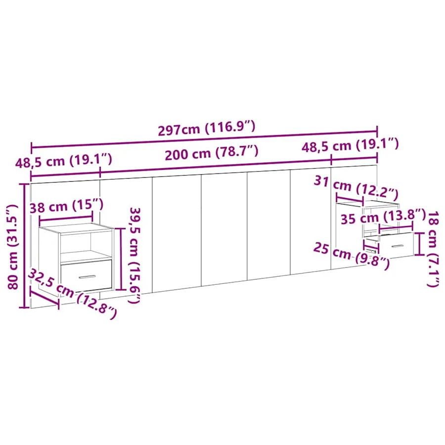 Tête de lit avec armoire 3 pcs Chêne artisanal - 16