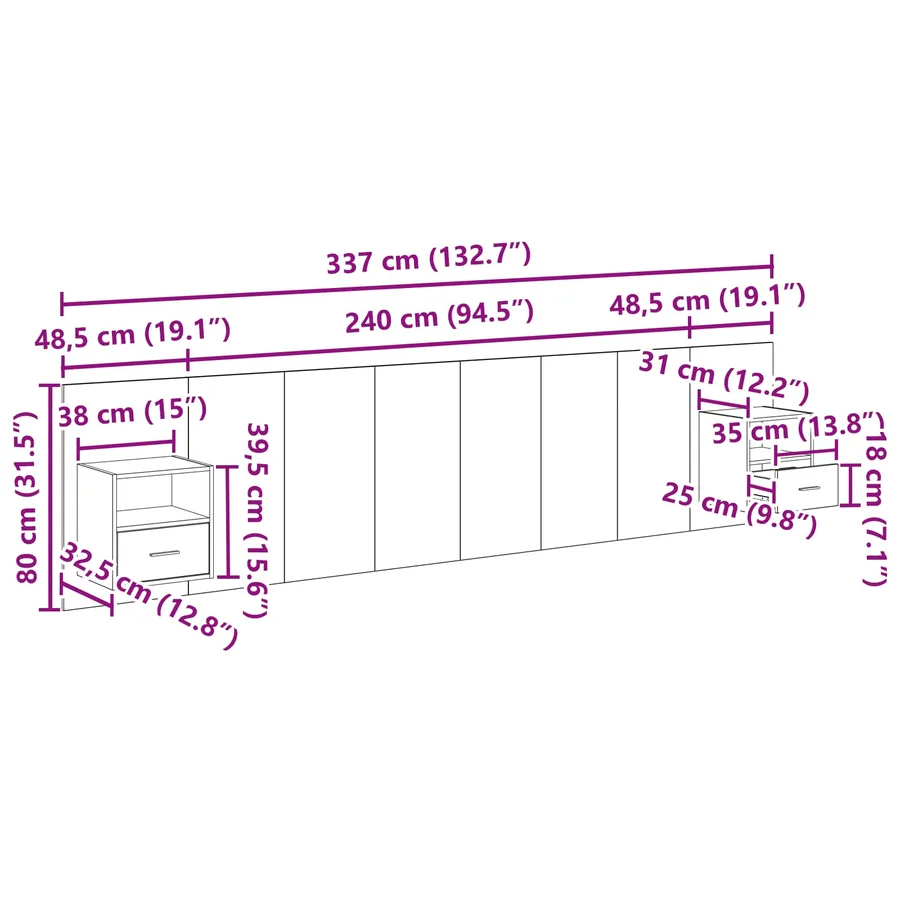 Tête de lit avec armoire 3 pcs Chêne artisanal - 16
