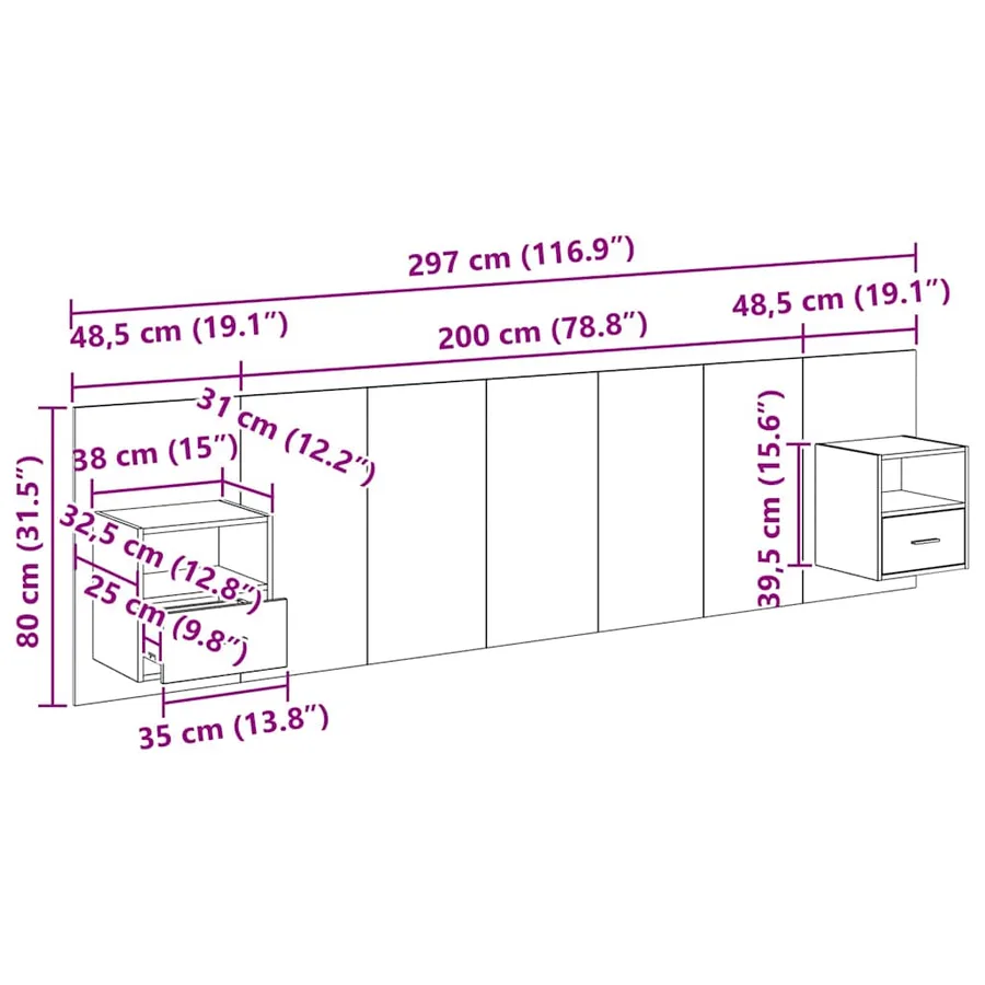 Tête de lit avec armoire 3 pcs Chêne noir Bois d'ingénierie - 15