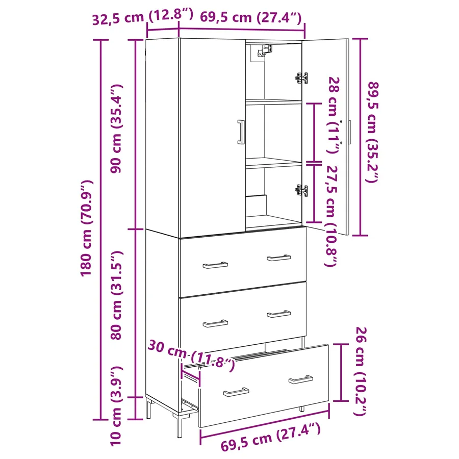 Haut Armoire Chêne noir 69,5 x 34 x 180 cm Bois d'ingénierie - 12