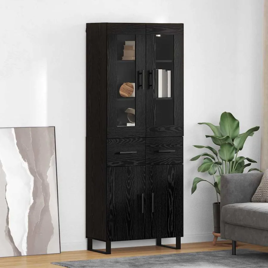 Haut Armoire 2 pcs Chêne noir Bois Aggloméré et Verre