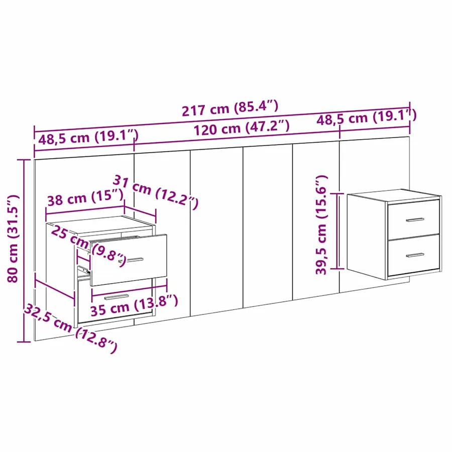 Tête de lit avec armoire 3 pcs Chêne noir Bois d'ingénierie - 15
