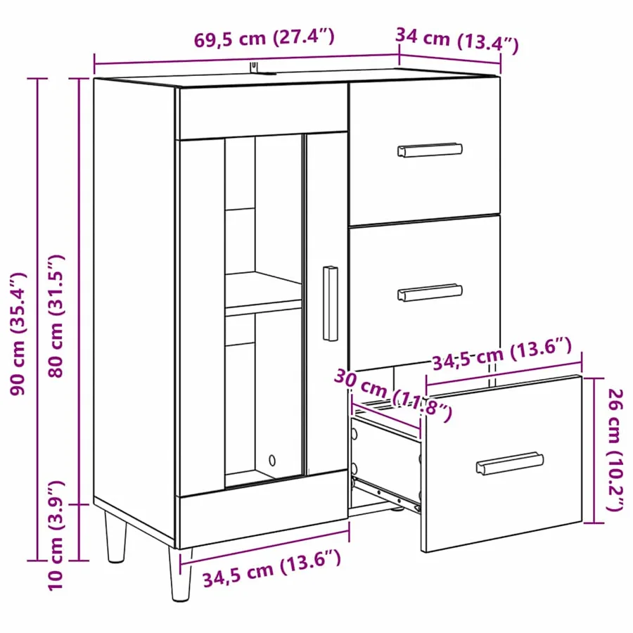 Buffet Chêne noir 69,5 x 34 x 90 cm Bois d'ingénierie - 14