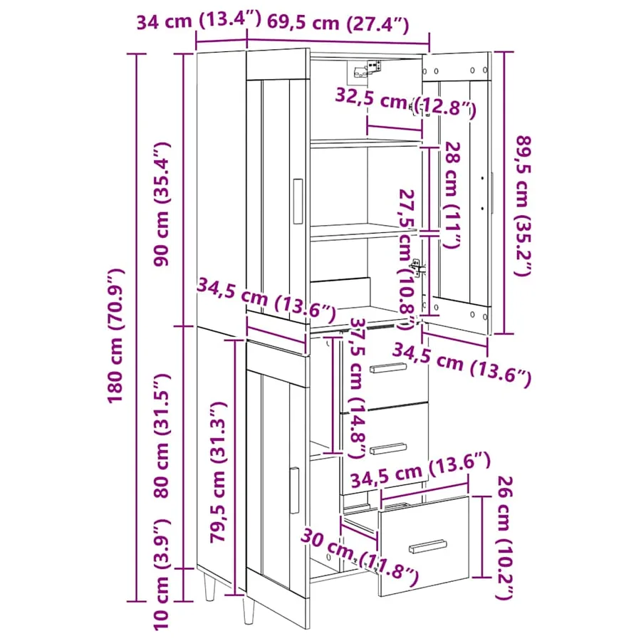 Haut Armoire Chêne noir 69,5 x 34 x 180 cm Bois d'ingénierie - 15