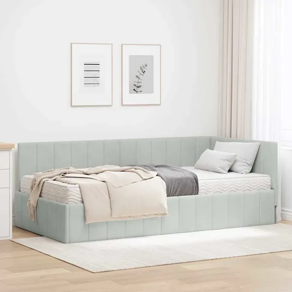 Cadre de lit d'angle avec matelas 2 pcs Gris clair Velours
