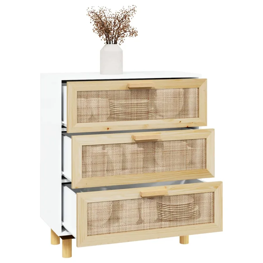 Buffet Blanc 60x30x70 cm Bois de pin massif et rotin naturel - 3