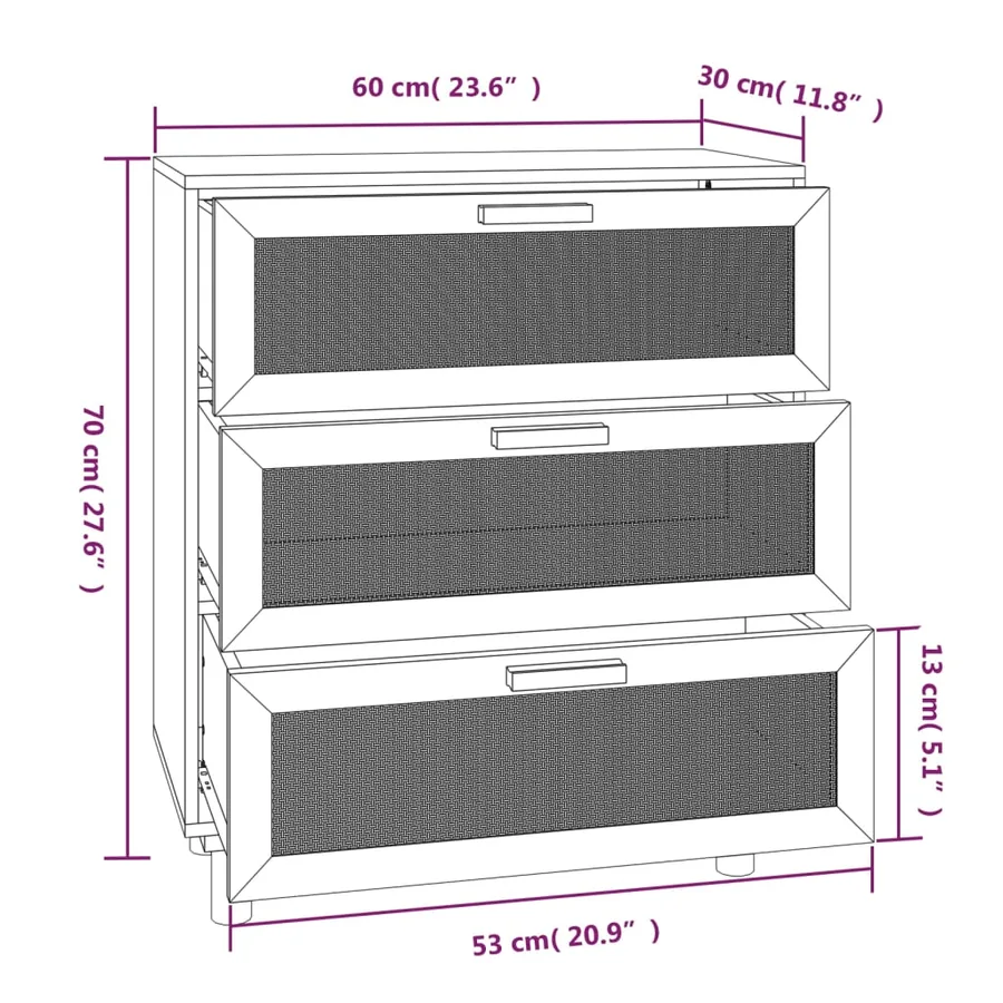 Buffet Blanc 60x30x70 cm Bois de pin massif et rotin naturel - 9