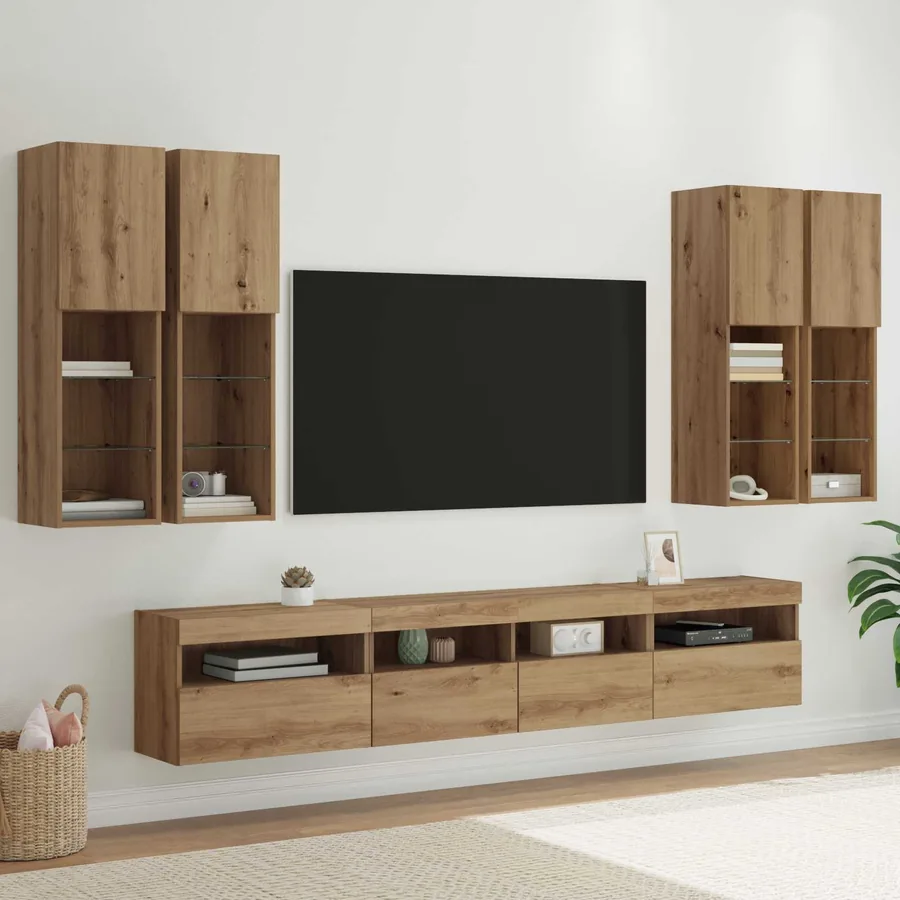 Ensemble de meuble TV mural avec éclairage LED 7 pcs