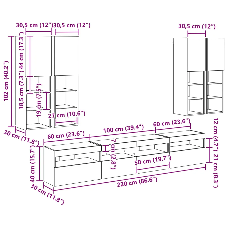 Ensemble de meuble TV mural avec éclairage LED 7 pcs - 16