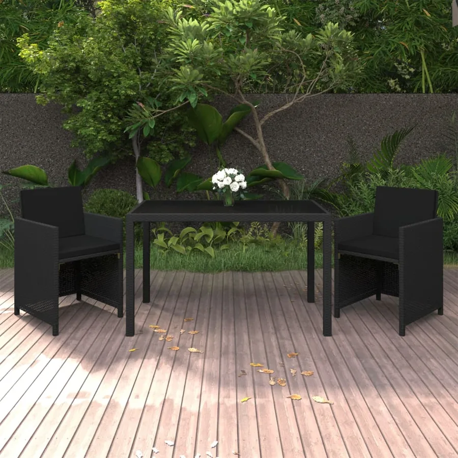 Ensemble à dîner de jardin avec coussins 3 pcs poly rotin noir