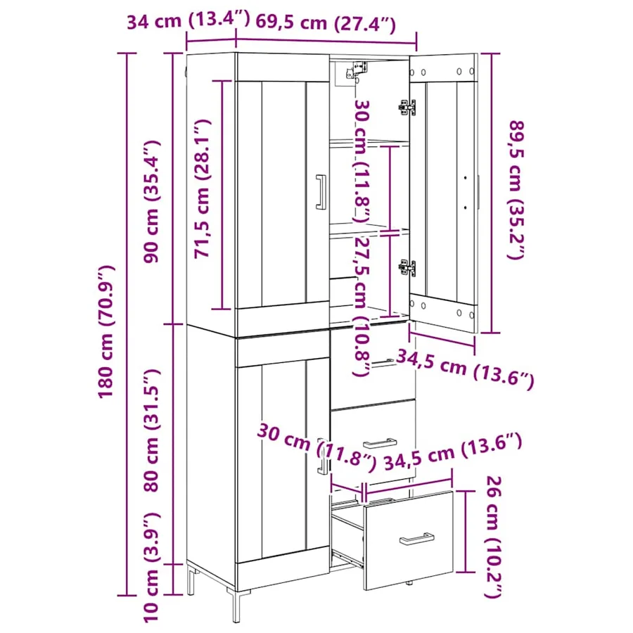 Haut Armoire 2 pcs Chêne artisanal 69,5 x 34 x 180 cm - 16