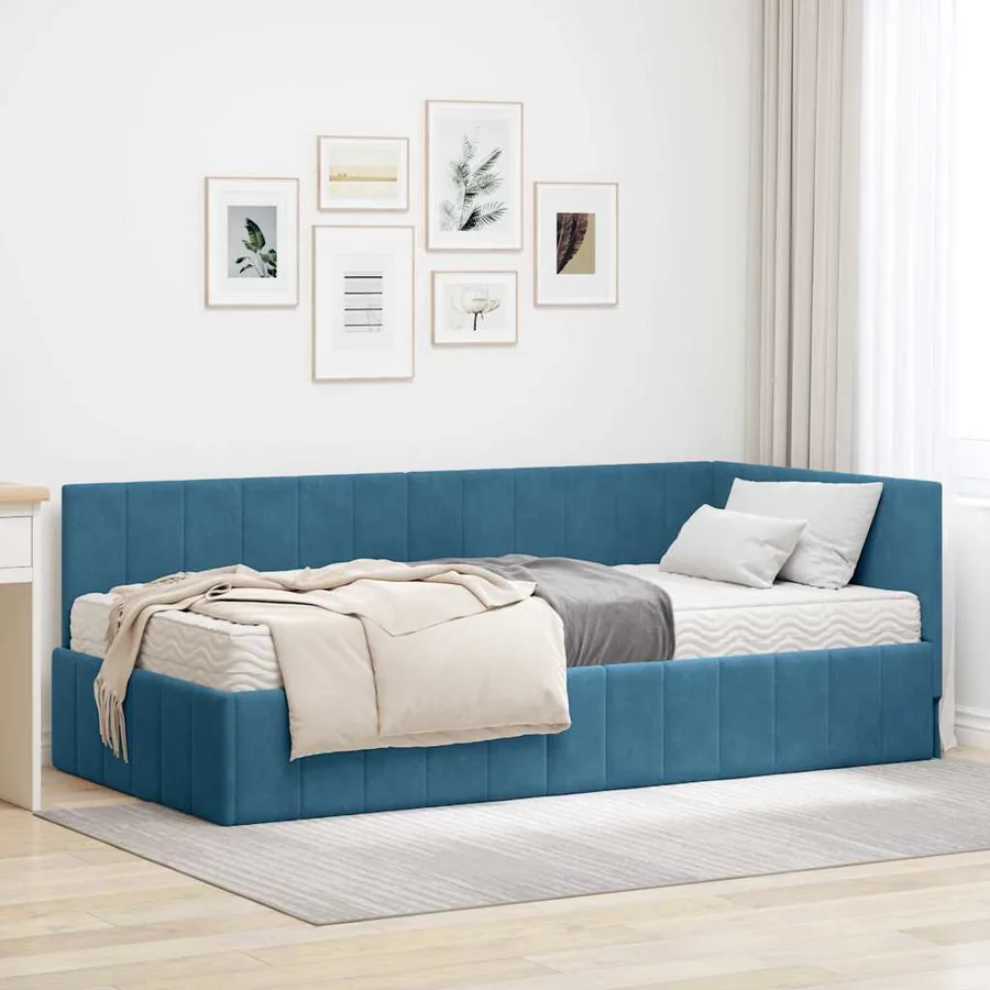 Cadre de lit d'angle avec matelas 2 pcs Bleu Velours