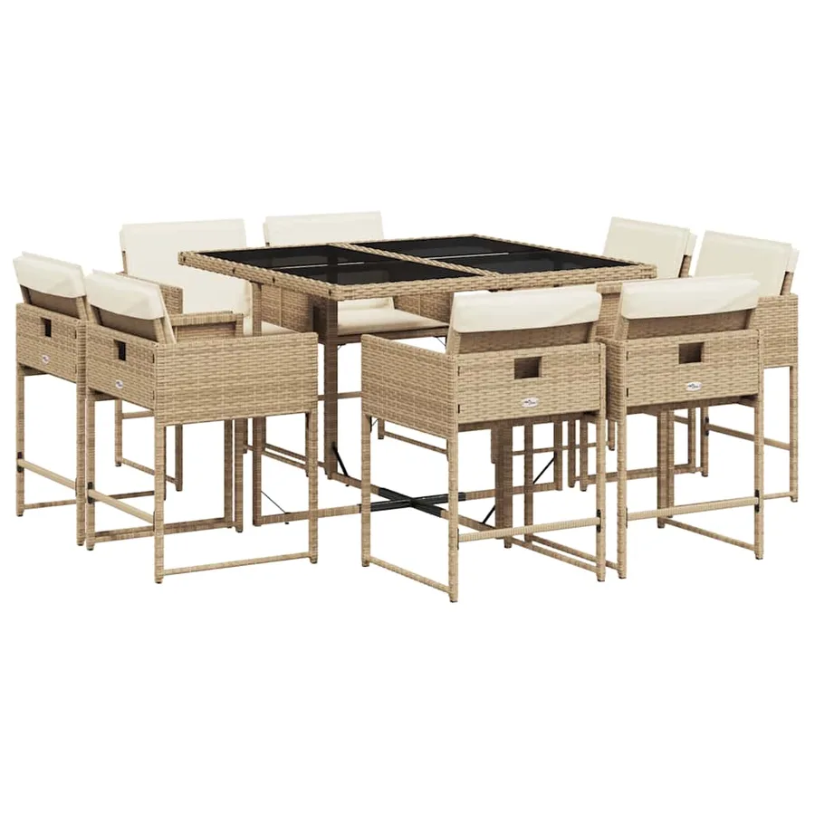 Ensemble à manger de jardin et coussins 9 pcs beige Poly rotin - 2
