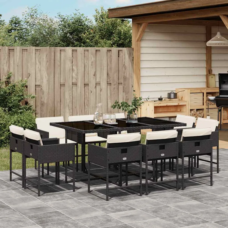 Ensemble à manger de jardin 11 pcs coussins noir résine tressée