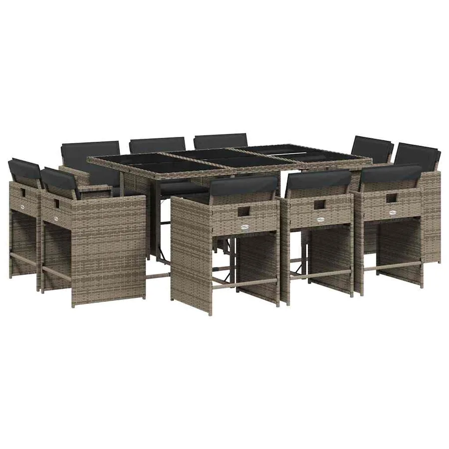 Ensemble à manger de jardin 11pcs avec coussins gris poly rotin - 2