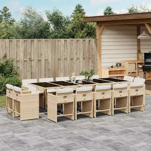 Ensemble à manger de jardin et coussins 15 pcs beige