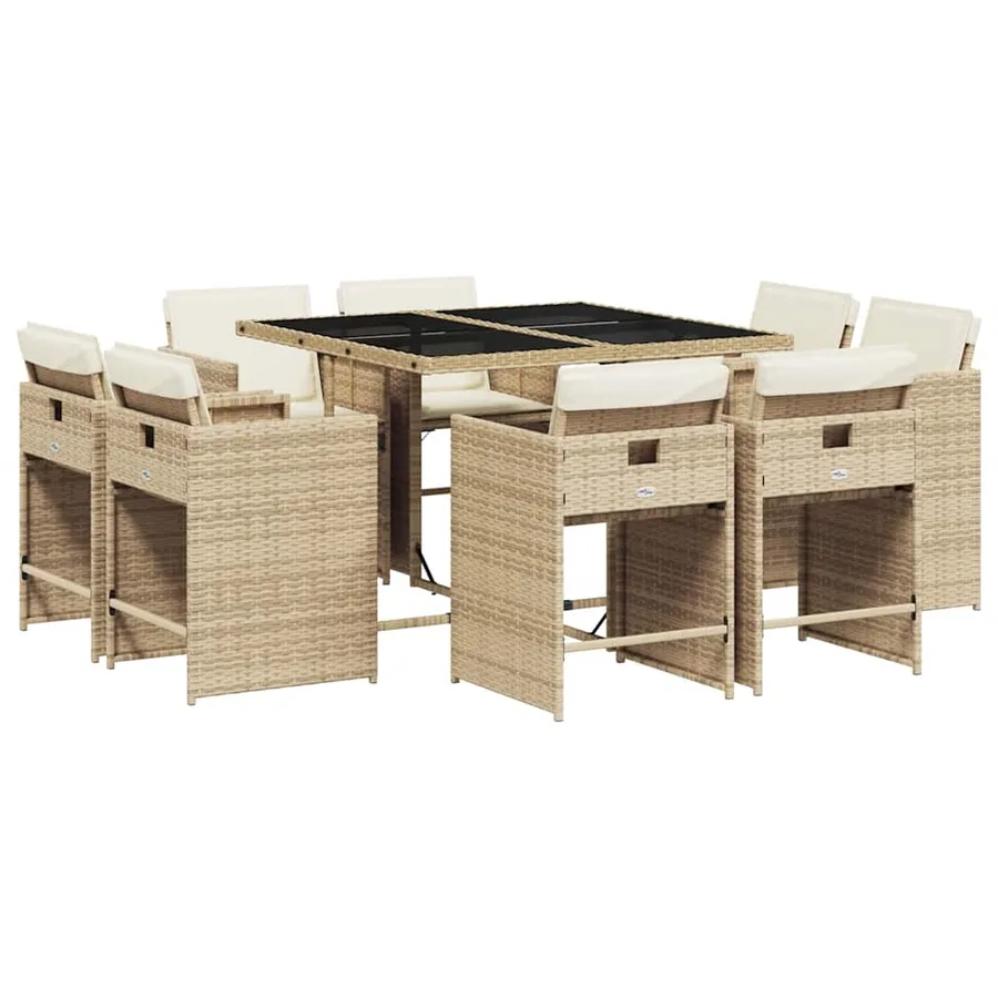 Ensemble à manger de jardin et coussins 9 pcs beige Poly rotin - 2