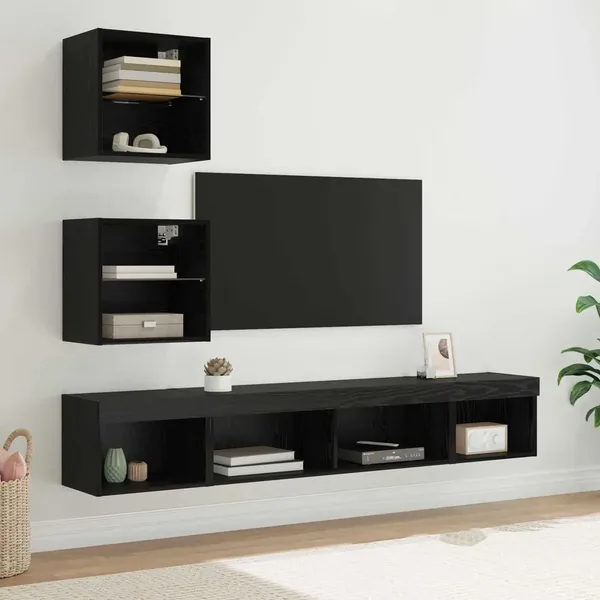 Unités murales TV avec LED 5 pcs Chêne noir Bois d'ingénierie