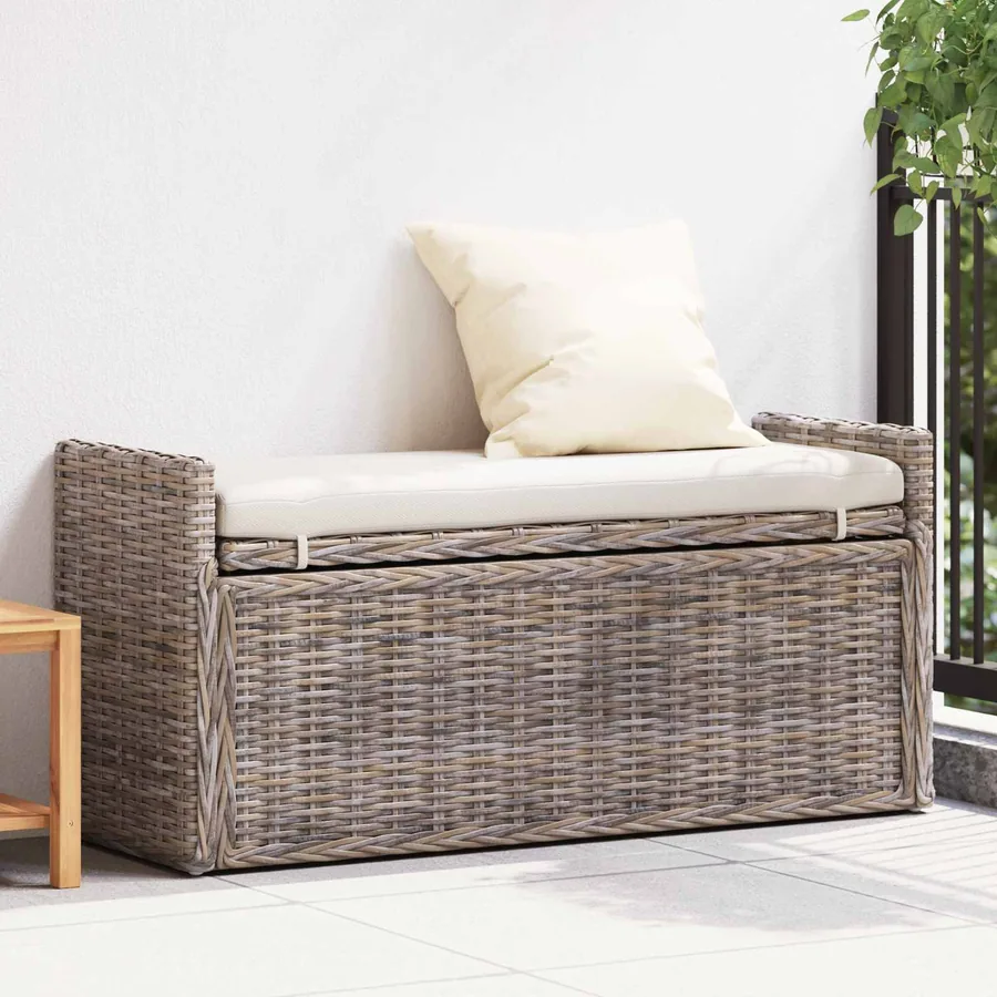 Banc de rangement avec coussin Gris 110 x 40 x 50 cm Rotin