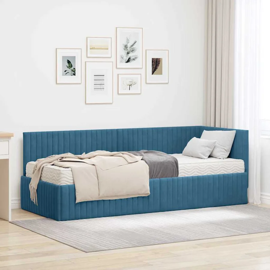 Cadre de lit d'angle avec matelas 2 pcs Bleu Velours