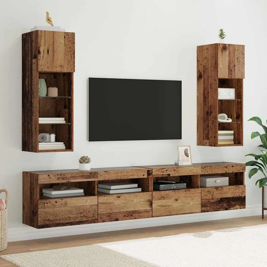 Meubles TV muraux avec LED 2 pcs Bois ancien 30,5 x 30 x 90 cm