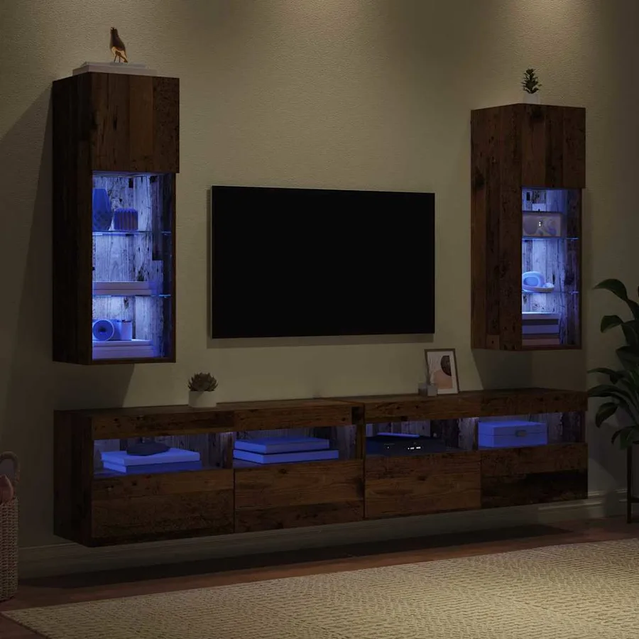 Meubles TV muraux avec LED 2 pcs Bois ancien 30,5 x 30 x 90 cm - 5