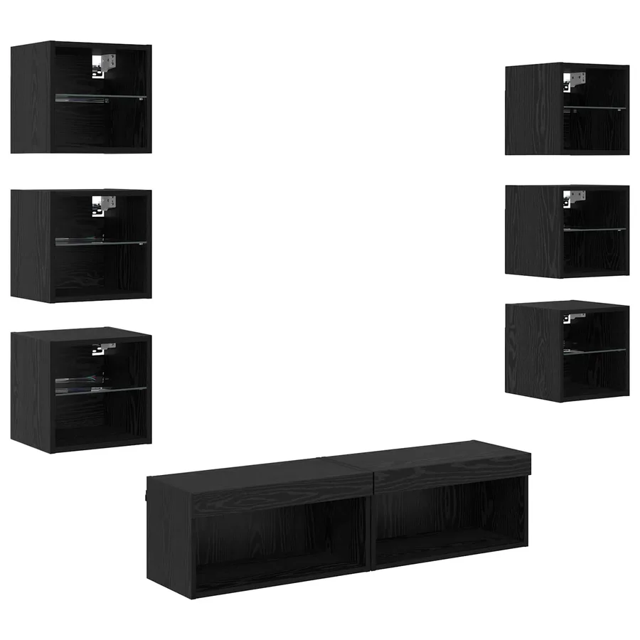 Meuble TV avec des lumières à LED 8 pcs Chêne noir Verre - 2