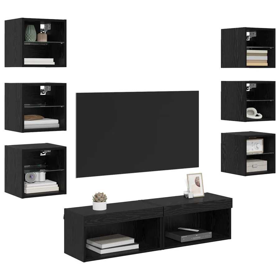 Meuble TV avec des lumières à LED 8 pcs Chêne noir Verre - 3