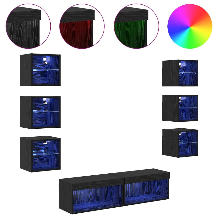 Meuble TV avec des lumières à LED 8 pcs Chêne noir Verre - 4