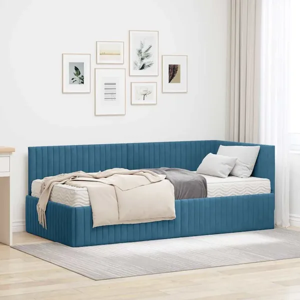 Cadre de lit d'angle avec matelas 2 pcs Bleu Velours