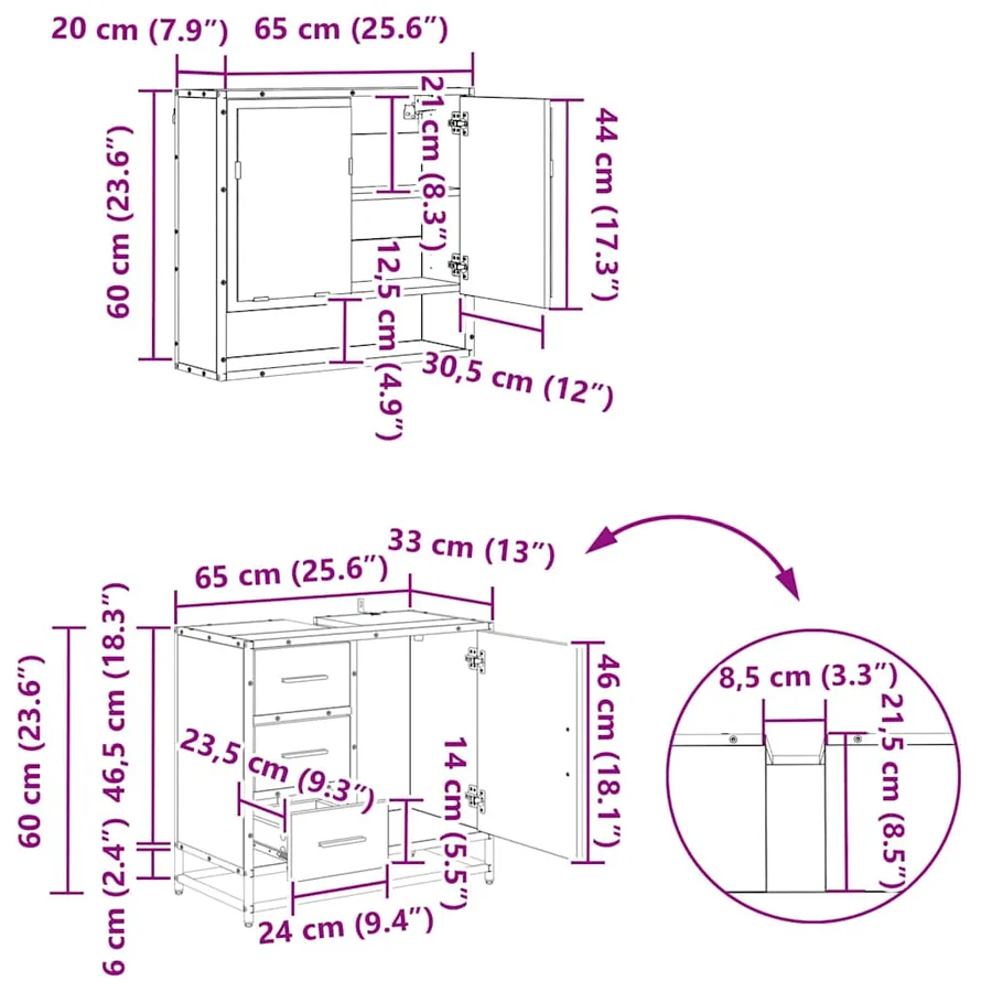 Ensemble de mobilier de salle de bain 3 pcs Bois Ancien - 15