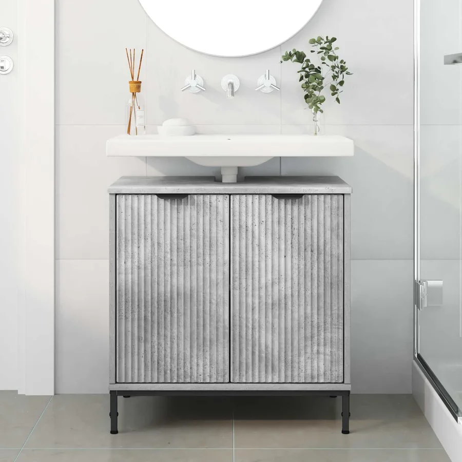 Meuble de Lavabo de Salle de Bain avec stockage Gris béton - 4