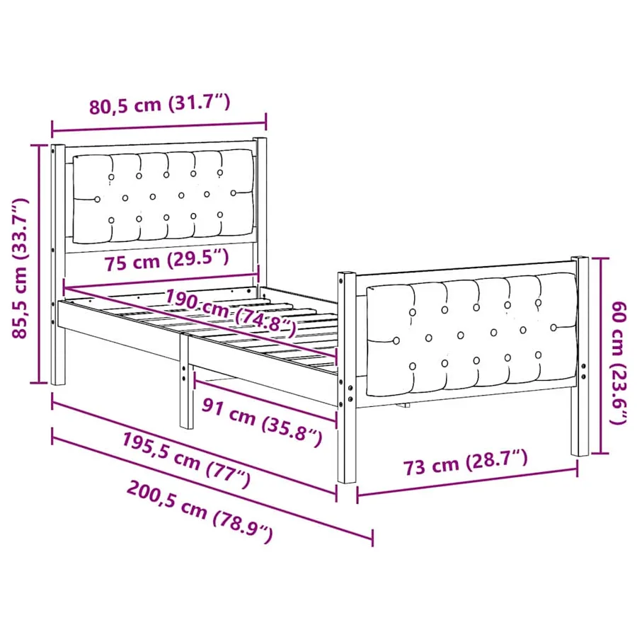 Cadre de lit avec tête de lit Gris clair 75 x 190 cm Pin massif - 11