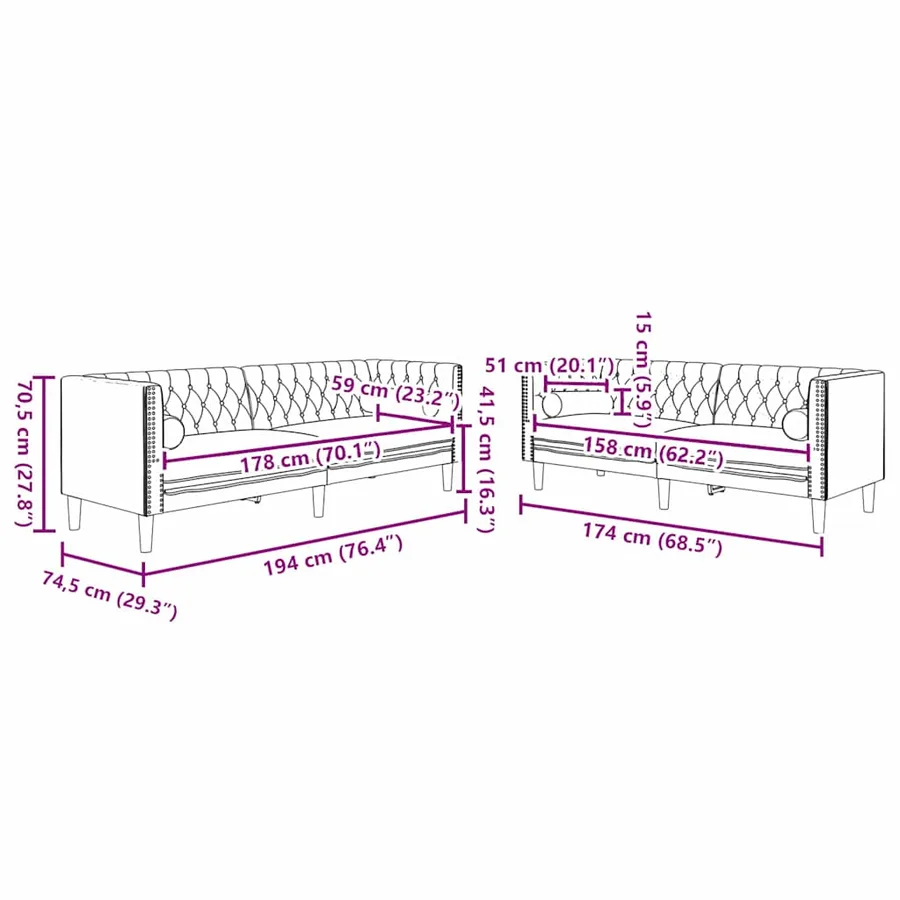 Canapé de salon 2 pcs Gris clair 194 x 74,5 x 70,5 cm Velours - 8