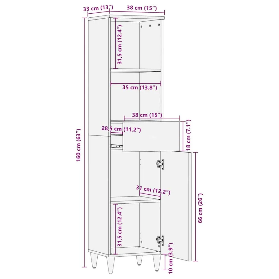 Armoire de salle de bain avec tiroir Noir 38 x 33 x 160 cm - 12