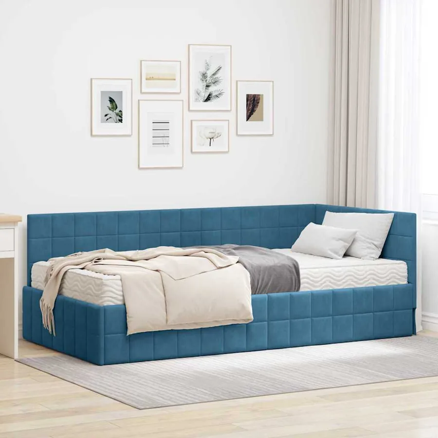 Cadre de lit d'angle avec matelas 2 pcs Bleu Velours