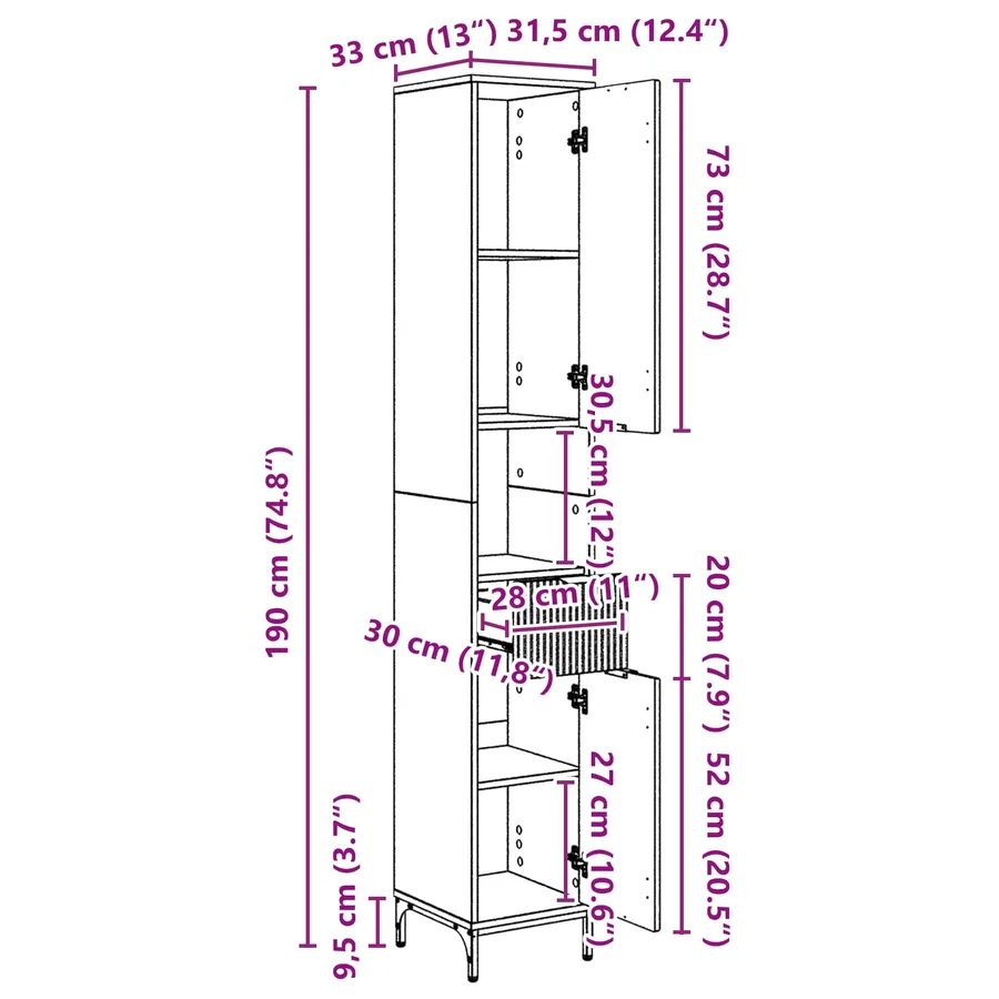 Cabinet de salle de bain Blanc brillant 31,5 x 33 x 190 cm - 16