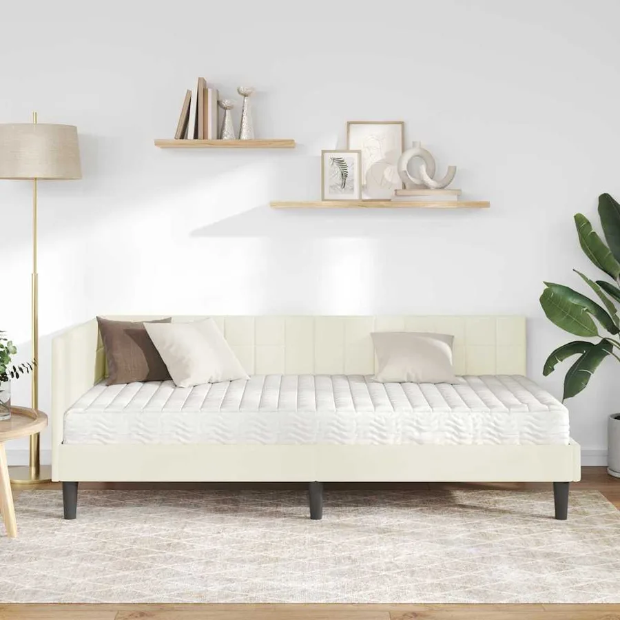 Cadre de lit d'angle avec matelas Crème 90 x 190 cm Velours - 3